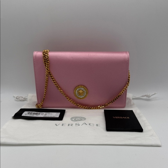 Versace Handbags - Versace Medusa Crystal Chain Crossbody Pink Satin Fabric
